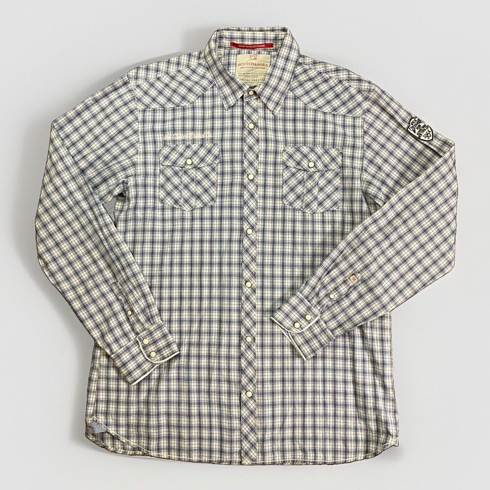 Scotch & Soda Mens 2XL Plaid Western Pearl Snap Shirt Blue White CA45102